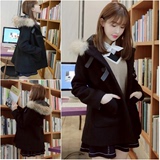 2016春季新款韩版中长款学院风毛呢外套斗篷型带帽毛领呢子大衣女