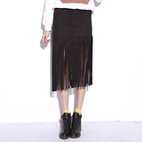 韩国新款高腰黑色裙子女 个性百搭显瘦流苏麂皮纯色收腰半身裙NV