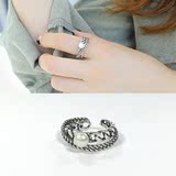 韩国代购S925纯银链条复古绞绳天然珍珠开口戒指指环朋克气质礼物