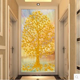 3D玄关壁纸 客厅背景墙过道壁画 竖版 走廊发财树墙纸无缝墙布