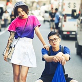 原创日系男女情侣装 韩版渐变字母印花扎染糖果色圆领短袖T恤班服