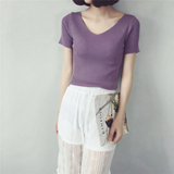 韩版夏装新款V领纯色显瘦短袖大码针织衫T恤潮修身打底上衣女薄款