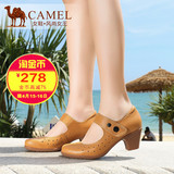 Camel骆驼女鞋 春秋舒适粗跟镂空头层牛皮腕带魔术贴单鞋女