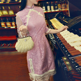 秋女装新款原创文艺复古民国风奢华水溶蕾丝珍珠袖改良旗袍连衣裙