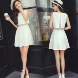 2016夏装新款蕾丝镂空显瘦背心裙 白色连衣裙无袖雪纺假两件裙子