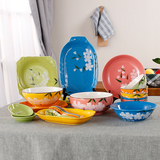 彩色陶瓷餐具套装日式家用碗盘碟手绘瓷器釉下彩创意结婚送礼品盒