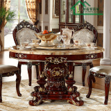 美式餐桌 天然大理石圆形餐桌椅组合6人 欧式红棕色实木雕花饭桌