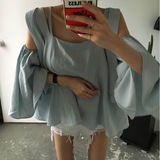 2016韩国东大门代购秋季女装新款甜美露肩娃娃衫喇叭袖衬衫上衣