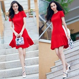 2016年夏季新款韩版明星同款修身显瘦荷叶边短袖连衣裙女装红裙子