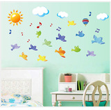 墙贴自粘 可爱蓝天小鸟贴画 儿童房幼儿园卧室床头装饰壁纸可移除
