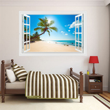 3D立体窗户 阳光侧漏椰树掌 海滩风景墙贴卧室客厅壁画壁纸B379