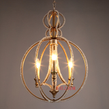 北欧美式圆球铁艺复古铜绑珠水晶吊灯客厅卧室奢华3头LED蜡烛灯具