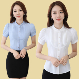 韩版夏白色衬衫女短袖职业休闲立领修身工作服正装显瘦衬衣女装ol