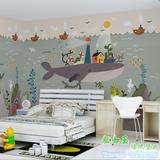 大型北欧墙纸壁画手绘卡通海底世界壁纸儿童卧室床头背景墙布包邮