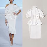 2016夏装新款 欧美时尚个性裁剪露肩上衣+简约后开叉包裙白色套装