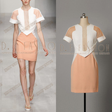 2016夏季新款 欧美时尚短袖撞色设计感拼接简洁大气优雅连衣裙