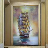 欧式复古墙纸帆船油画大型壁画 立体玄关走廊电视背景墙壁纸墙布