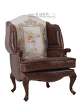 美式新古典单人沙发椅欧式实木做旧老虎椅高背椅接待沙发皮艺