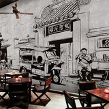 复古怀旧壁纸酒吧咖啡餐厅涂鸦壁画手绘黑白街景建筑沙发背景墙纸