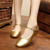 儿童拉丁舞鞋女童拉丁舞鞋中跟软底 成人舞蹈鞋低跟金色革面包头