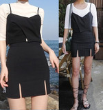 夏女韩国复古修身显瘦条纹吊带衫背心包臀半身短裙两件套装连衣裙