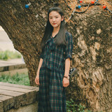 【买二送一】复古绿格子系带单排扣宽松显瘦舒适韩国春夏连衣裙女