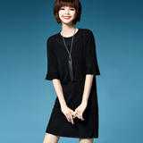 夏季韩版套头条纹打底衫中长款中袖针织衫薄冰丝气质修身连衣裙女