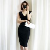 2016夏装新款 韩版无袖垫肩深V领性感包臀连衣裙低胸修身显瘦礼服