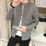 青少年学生韩版修身立领格子衬衫男士大码长袖薄款休闲衬衣外套男