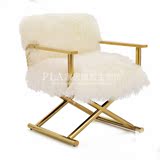 现代设计师金色不锈钢休闲简约时尚单人沙发椅白色绒毛卧室贵妃椅