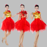 成人女款打鼓服服舞台服龙袍中国风表演服红色蓬蓬纱裙女连衣裙