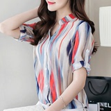 雪纺印花竖条纹女士衬衫短袖上衣2016夏装新款修身韩版衬衣打底衫