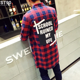 iFashion ST90秋季中长款格子衬衫韩版男士长袖字母印花大码衬衣
