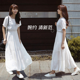 2016夏季新款韩版文艺短袖雪纺连衣裙学生装修身大摆白色仙女长裙