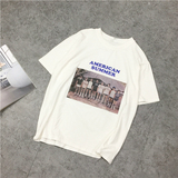 韩国复古vintage老照片欧美人物印花圆领短袖套头t恤