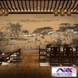 复古传统文化手绘壁画怀旧古代街景人物壁纸中式火锅饭店餐厅墙纸