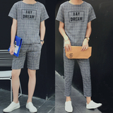 夏季棉麻短袖T恤男修身日系青年格子男士亚麻t恤休闲潮男运动套装