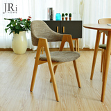 北欧实木餐椅橡木棉麻布艺软包靠背椅日式风格家用咖啡椅JRiHome