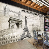 欧式风格怀旧黑白著名建筑大型壁画咖啡馆店复古墙纸客厅酒吧壁纸