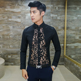 2016夜店黑白新款韩版修身蕾丝拼接潮男士长袖衬衫发型师流行衬衣