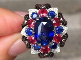 天然红蓝宝石花瓣戒指18k戒指造型奢华大气女款包邮