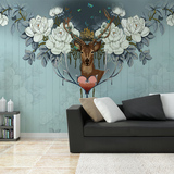手绘花卉麋鹿大型壁画 欧式复古卧室客厅电视背景墙壁纸 个性定制