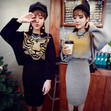 2016新款韩版秋冬宽松针织圆领套装裙长袖包臀两件套毛衣连衣裙女
