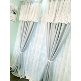 美式地中海淡蓝色条纹蕾丝拼接窗帘简约现代客厅卧室定制成品门帘