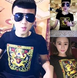 中国风文玩T恤龙袍龙图案夏季短袖个性清朝刺绣情侣装 男女 大码