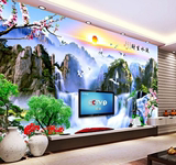 中式高清瀑布风景山水画3D立体电视背景墙纸客厅壁画壁纸流水生财