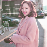 韩版百搭加厚宽松粉色女中长款长袖羊毛呢外套茧型呢子大衣潮时尚