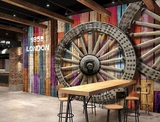 复古彩色木纹车轮墙纸酒吧餐厅工装网咖主题背景壁画3d个性壁纸