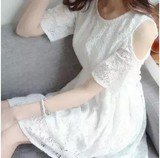 2015新款韩版女装150cm矮小个子女生显高露肩蕾丝连衣裙中长款夏