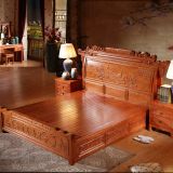 新中式全实木床 明清雕花仿古家具1.8米橡木双人床 仿红木高箱床